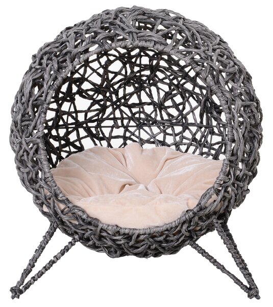PawHut Cestino gatto letto rialzato gatto accogliente grotta a gatto grande comfort dim. Ø 52 x 58H cm cuscino soffice incluso resina intrecciata effetto rattan grigio