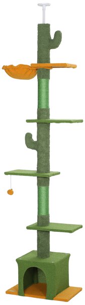 PawHut Albero per gatti, altezza 275cm, 6 livelli per gatti domestici, da terra a soffitto, con piattaforme, cuccia, amaca, verde