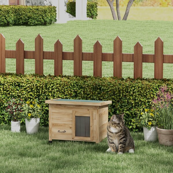 PawHut Casa per gatti cuccia esterna in legno rialzata con tetto in asfalto, finestra, 57 x 45 x 43 cm giallo