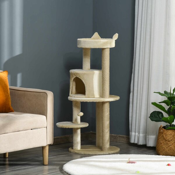 PawHut Albero Tiragraffi per Gatti Adulti con Cuccia Spaziosa e Piattaforma, 104 cm, Bianco Crema | Aosom Italy