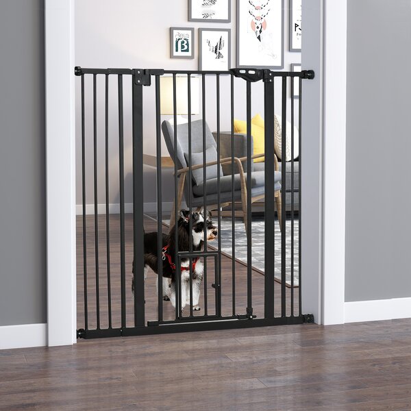 PawHut Barriera di sicurezza animali di 104,1h cm con porta chiusura automatica sistema di doppio sbloccaggio nero