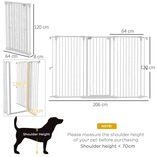 PawHut Cancelletto per Cani a 3 Pannelli Pieghevoli con Doppio Blocco, in Acciaio e Plastica, 206x120 cm, Bianco | Aosom Italy