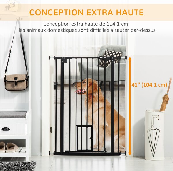 PawHut Barriera di sicurezza animali di 104,1h cm con porta chiusura automatica sistema di doppio sbloccaggio nero
