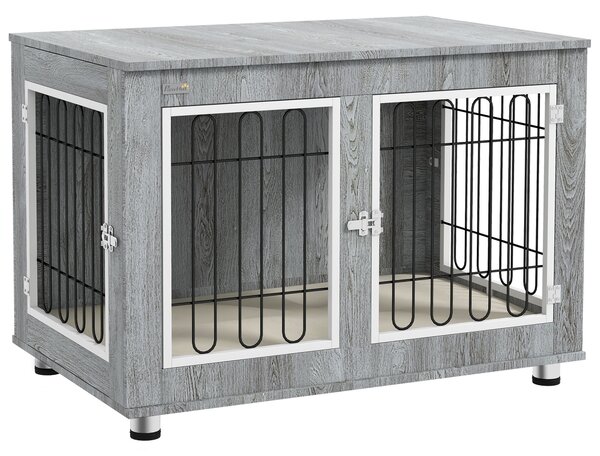 PawHut Gabbia per cani animali gabbia di cane su piede con cuscino removibile acciaio effetto legno 90 x 58 x 65 cm grigio