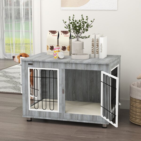 PawHut Gabbia per cani animali gabbia di cane su piede con cuscino removibile acciaio effetto legno 90 x 58 x 65 cm grigio