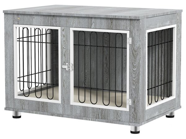 PawHut Gabbia per cani animali gabbia di cane su piede con cuscino removibile acciaio effetto legno 90 x 58 x 65 cm grigio