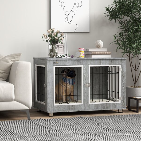 PawHut Gabbia per cani animali gabbia di cane su piede con cuscino removibile acciaio effetto legno 90 x 58 x 65 cm grigio