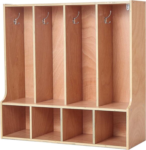 SucceBuy Armadio aperto per bambini in compensato, guardaroba per bambini con 8 ganci e 8 scomparti (4 grandi e 4 piccoli), appendiabiti e scaffale portaoggetti per cameretta, casa, asilo nido o scuola materna