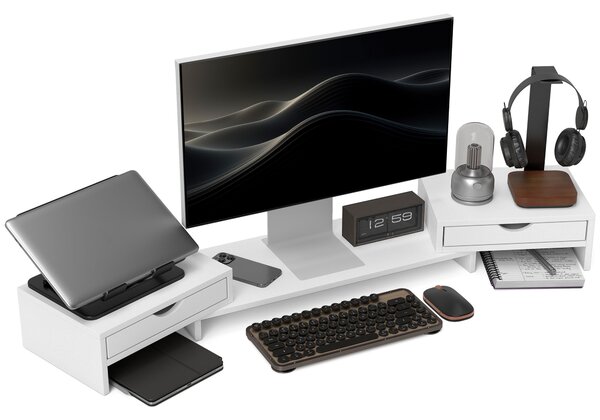 HOMCOM Alzata per monitor da scrivania per computer da 60-116 cm con 2 cassetti, lunghezza e angolo regolabili