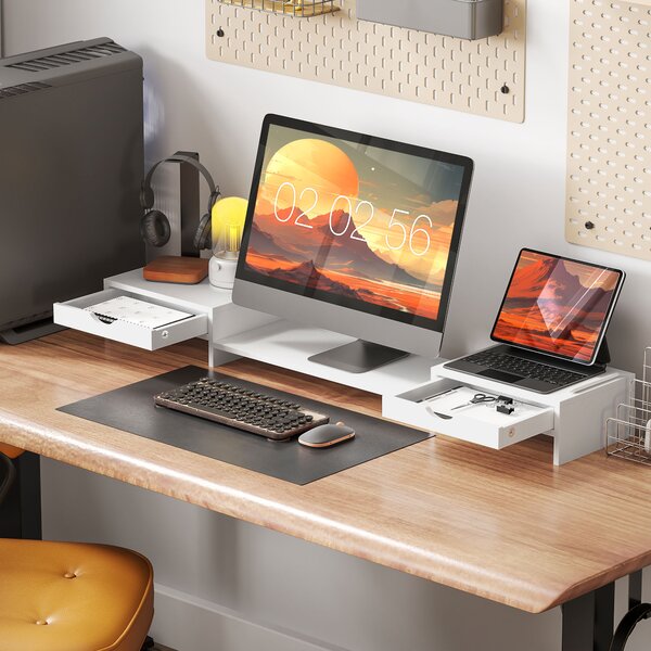 HOMCOM Alzata per monitor da scrivania per computer da 60-116 cm con 2 cassetti, lunghezza e angolo regolabili