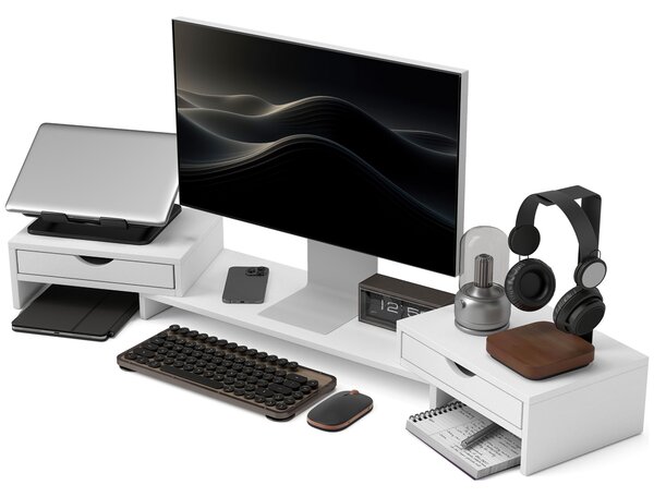 HOMCOM Alzata per monitor da scrivania per computer da 60-116 cm con 2 cassetti, lunghezza e angolo regolabili
