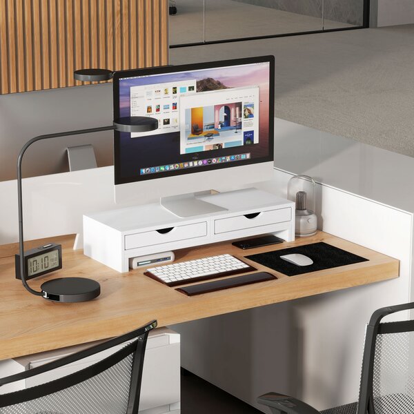 HOMCOM Alzata per monitor da scrivania per computer da 60-116 cm con 2 cassetti, lunghezza e angolo regolabili