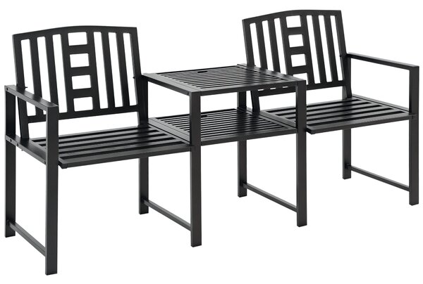 Outsunny Panchina da Giardino Moderna 2 Posti con Tavolino e Foro per Ombrellone Arredamento da Esterno 165x56x85.5cm Nero|Aosom