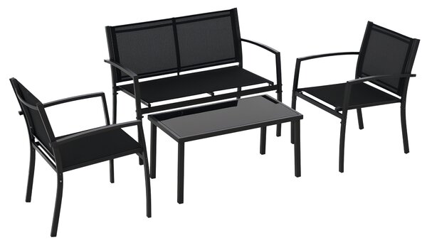 Outsunny Salotto da Esterno, Set 4 Pezzi con 1 Tavolino, 2 Sedie da Giardino e 1 Panca in Metallo, Nero|Aosom