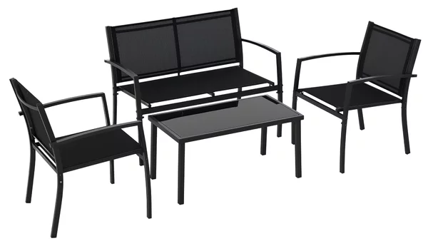 Outsunny Salotto da Esterno, Set 4 Pezzi con 1 Tavolino, 2 Sedie da Giardino e 1 Panca in Metallo, Nero|Aosom