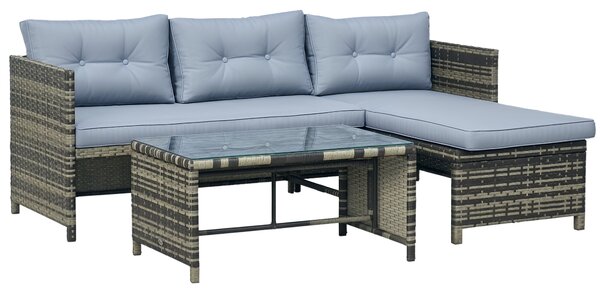 Outsunny Salotto da Giardino con Divanetto, Chaise Longue e Tavolino in Rattan PE con Cuscini, Grigio|Aosom