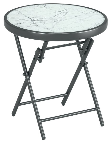 Outsunny Tavolino da Caffè per Giardino Pieghevole con Piano in Vetro Effetto Marmo, Ø45x50cm, Grigio|Aosom