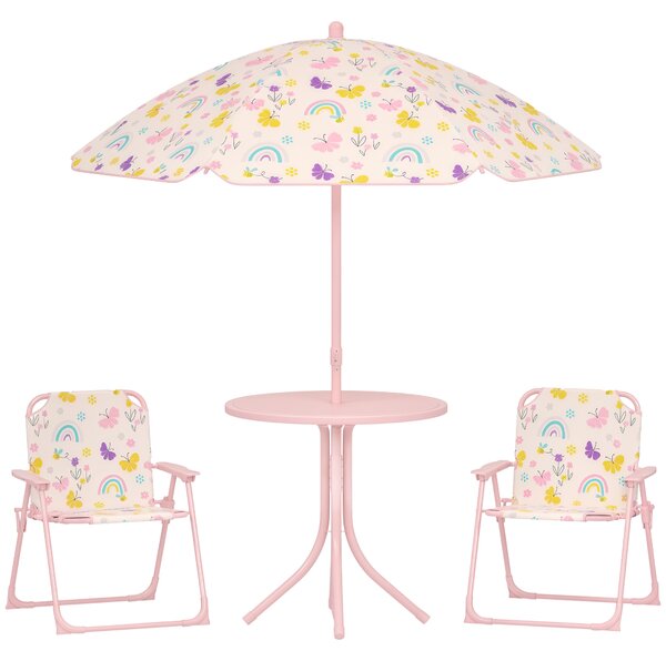 AIYAPLAY Set da Giardino per Bambini 2-5 Anni con Tavolino Rotondo, 2 Sedie Pieghevoli e un Ombrellone, Rosa