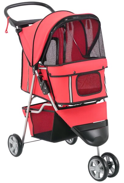 PawHut Passeggino Pieghevole per Cani con Portabicchieri e Cestino, Ruote e Freni, Carrello per Animali Domestici 10kg, Rosso,75x45x97cm | Aosom Italy