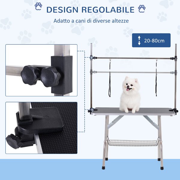 PawHut Tavolo Taglio Toelettatura per Animali con Cesto Inferiore per Cani Altezza Regolabile Pieghevole in Acciaio Inossidabile Metallo Nero 107 x 60 x 170 cm