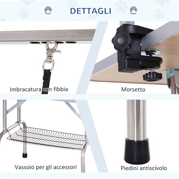 PawHut Tavolo Taglio Toelettatura per Animali con Cesto Inferiore per Cani Altezza Regolabile Pieghevole in Acciaio Inossidabile Metallo Nero 107 x 60 x 170 cm