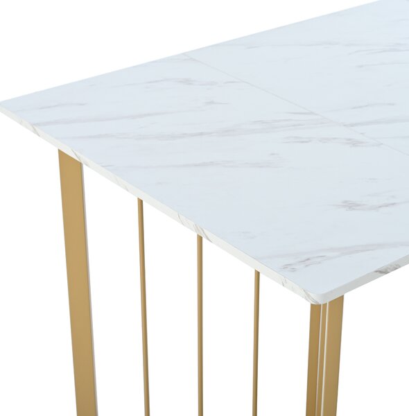 Moderno rettangolare Tavolo da pranzo, con piano in MDF effetto marmo e a forma di V Gambe in metallo, Bianco+Oro