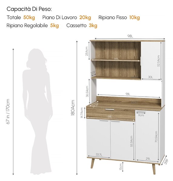 HOMCOM Credenza Moderna Mobile Dispensa con Armadietti e Cassetto, 98x39x180cm, Bianco e Legno | Aosom Italy