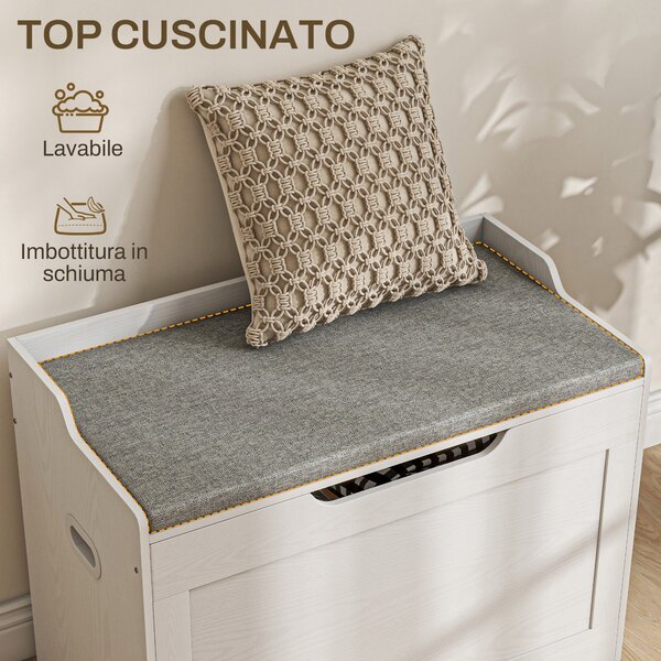 HOMCOM Panca Contenitore da 103L Multifunzione in Legno con Cuscino in Tessuto, 75x40x56cm, Bianco