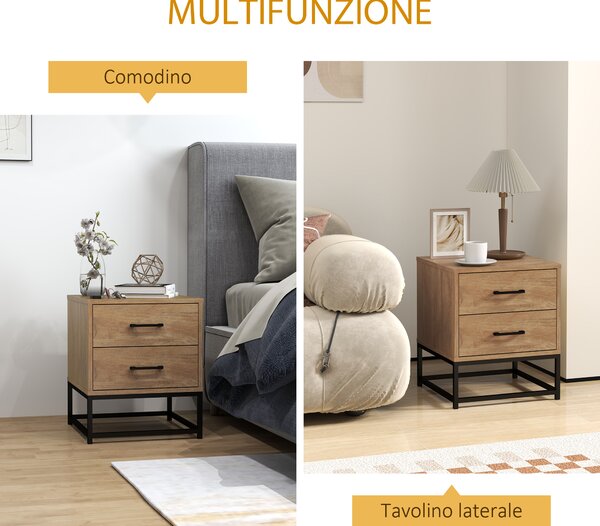 HOMCOM Set di 2 Comodini gambe in acciaio con 2 Cassetti Stile Industriale, in Legno, Colore Legno| Aosom Italy