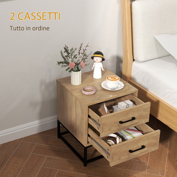 HOMCOM Set di 2 Comodini gambe in acciaio con 2 Cassetti Stile Industriale, in Legno, Colore Legno| Aosom Italy