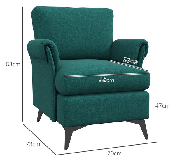 HOMCOM Poltrona d'arredo in Tessuto Effetto Lino Traspirante con Braccioli Arrotolati, 70x73x83 cm, Verde