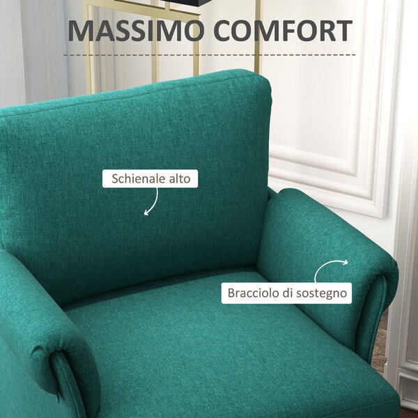 HOMCOM Poltrona d'arredo in Tessuto Effetto Lino Traspirante con Braccioli Arrotolati, 70x73x83 cm, Verde