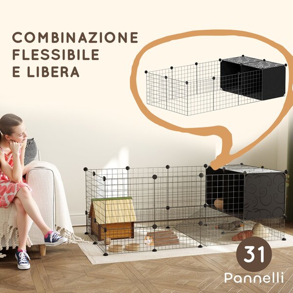 PawHut Gabbia per Animali Piccoli Modulabile con Casette Rialzate per Porcellini d'India e Ricci, Nero