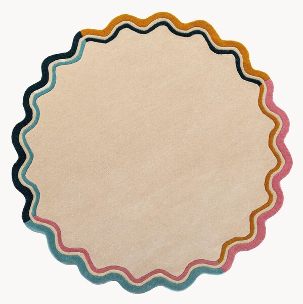 Tappeto rotondo in lana a pelo corto fatto a mano Leo Scallop Border