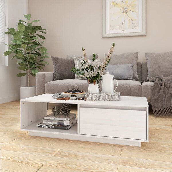 Tidyard Tavolino Da Salotto Stile Scandinavo Bianco Lucido – 60x50x36,5 Cm, 2 Scomparti Aperti, Gambe In Legno Eucalipto