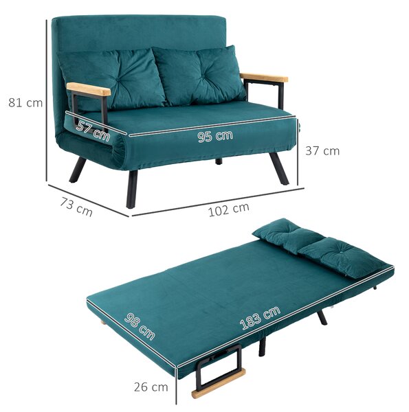 HOMCOM Divano Letto Matrimoniale 3 in 1 Vellutato con Schienale Regolabile in 5 Livelli e Cuscini, Blu Scuro | Aosom Italy