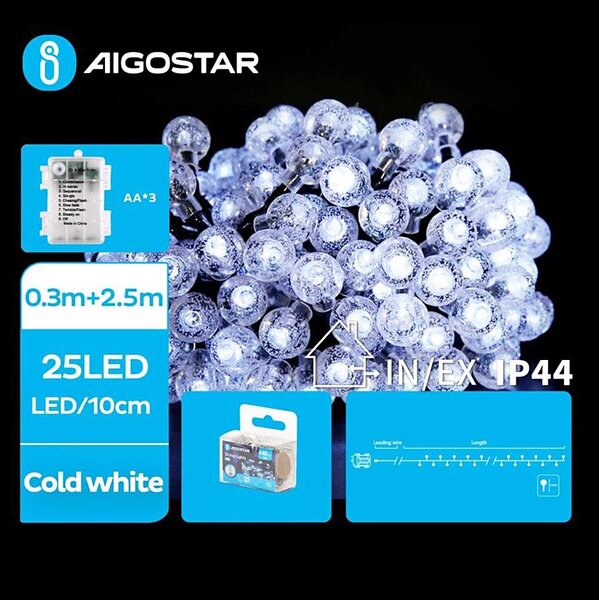 Aigostar - Catena luminosa LED per esterni 25xLED/3xAA/8 funzioni 2,8 m IP44 bianco freddo