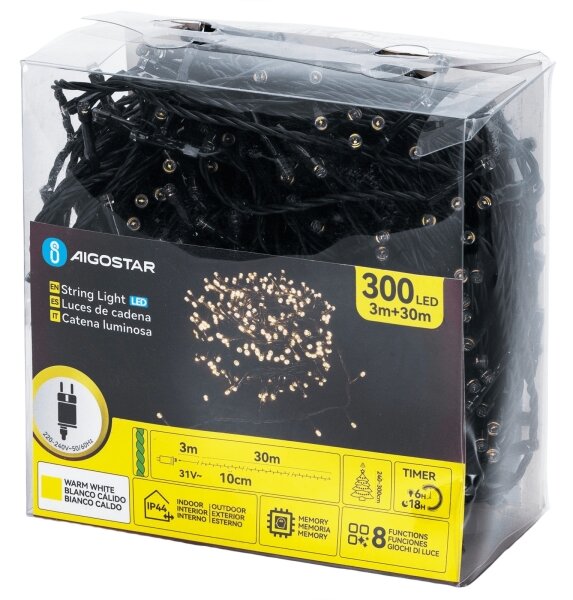 Aigostar - Catena luminosa natalizia LED da esterno 300 LED/8 funzioni 30 m IP44 bianco caldo