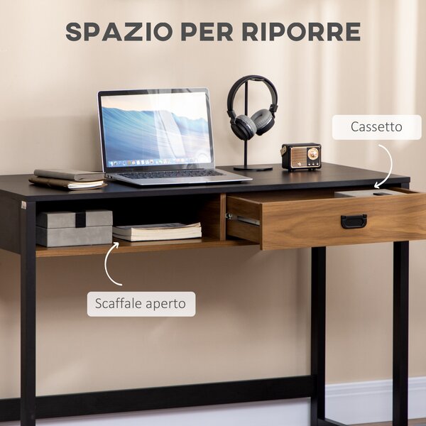 HOMCOM Scrivania per Camera e Ufficio con Cassetto Stile Industriale, 110x50x76cm, Noce e Nero|Aosom