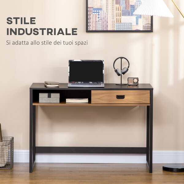 HOMCOM Scrivania per Camera e Ufficio con Cassetto Stile Industriale, 110x50x76cm, Noce e Nero|Aosom