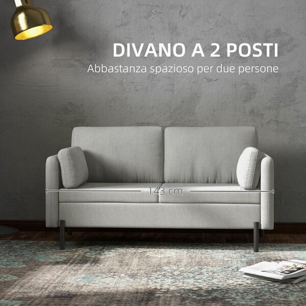 HOMCOM Divano 2 Posti per Soggiorno in Tessuto Effetto Lino e Acciaio con Tasche Laterali, 143x73x77cm, Grigio|Aosom