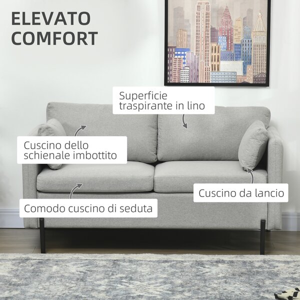 HOMCOM Divano 2 Posti per Soggiorno in Tessuto Effetto Lino e Acciaio con Tasche Laterali, 143x73x77cm, Grigio|Aosom