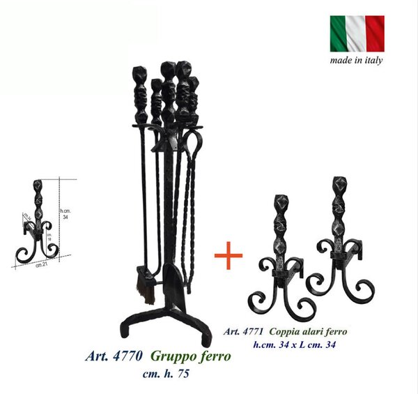 Gruppo per camino in Ferro FORGIATO base 3 piedi 28x h 75 cm - Peso 3.5 kg PIU Coppia alari in ferro battuto Forgiati per camino con palla 34xh34 cm lavorazione artigianale in ferro battuto colore nero