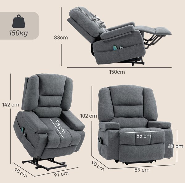 HOMCOM Poltrona Alzapersona Reclinabile con 8 Punti Massaggianti, in Tessuto Effetto Lino, 97x90x102 cm, Grigio