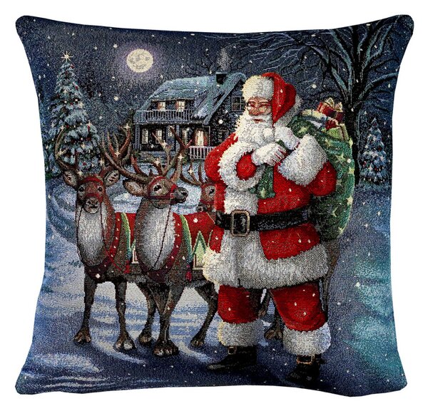 Federa cuscino gobelin natalizio con lurex - Babbo Natale con cervo