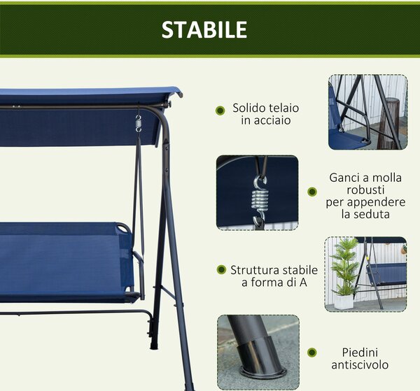 Outsunny Dondolo da Giardino 3 Posti con Tettuccio Regolabile, Tessuto Oxford e Acciaio, Blu Scuro