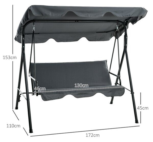 Outsunny Dondolo da Giardino 3 Posti con Tettuccio Regolabile e Cuscini in Poliestere e Acciaio Antiruggine, 172x110x153 cm, Grigio | Aosom Italy