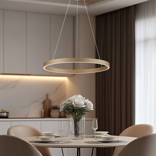 Lucande Smart LED lampada a sospensione Yonam, oro, 1 luce, Tuya Yonam Lucande, dimmerabile, Ottone / Oro, Soggiorno / Sala da pranzo, Alluminio, Moderno