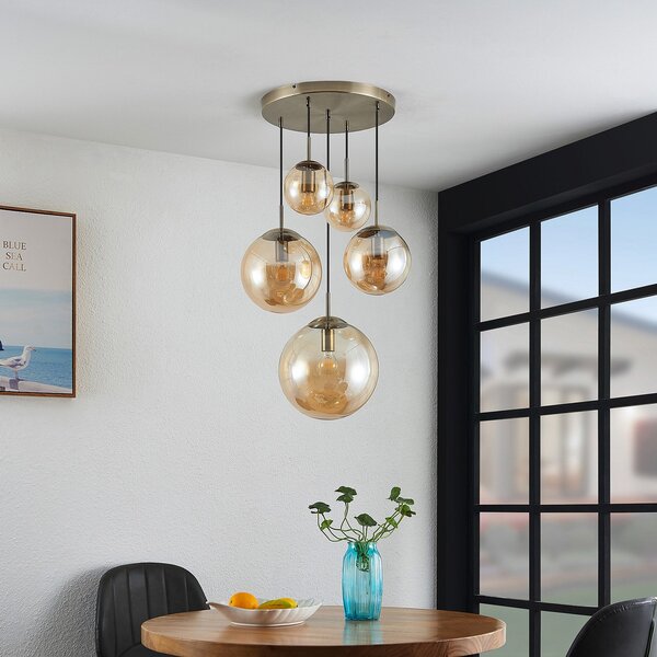 Lampada a sospensione Lindby, Teeja, dimmerabile, Bronzo / Ottone anticato, Soggiorno, Vetro, Vintage