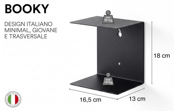 Mensola da muro a scomparsa componibile BOOKY in Metallo Dimensioni 16,5x13 x h 18 cm verniciato a polvere colore nero